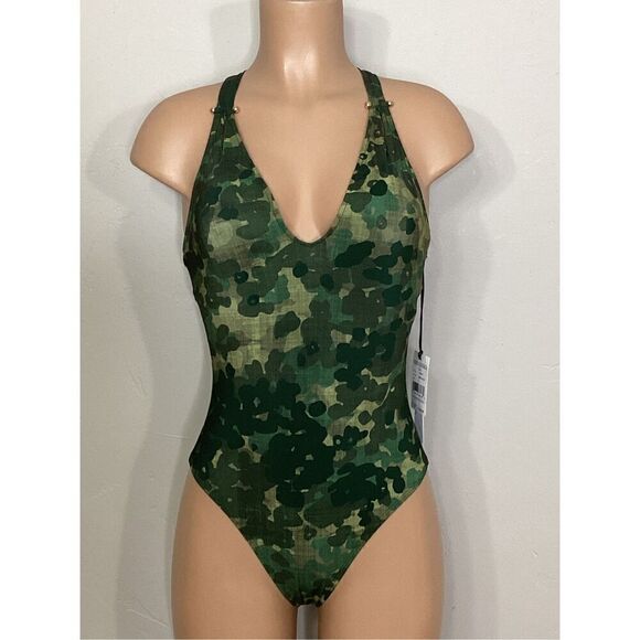 New. Robin Piccone Army camouflage plunge swimsuit. Regularly $168. Size 8 - Picture 5 of 14